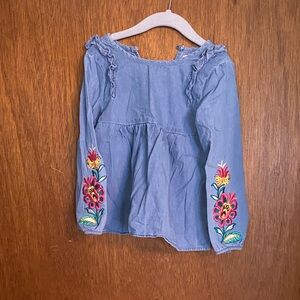 Blue Long Sleeve Top with Floral Embroidery